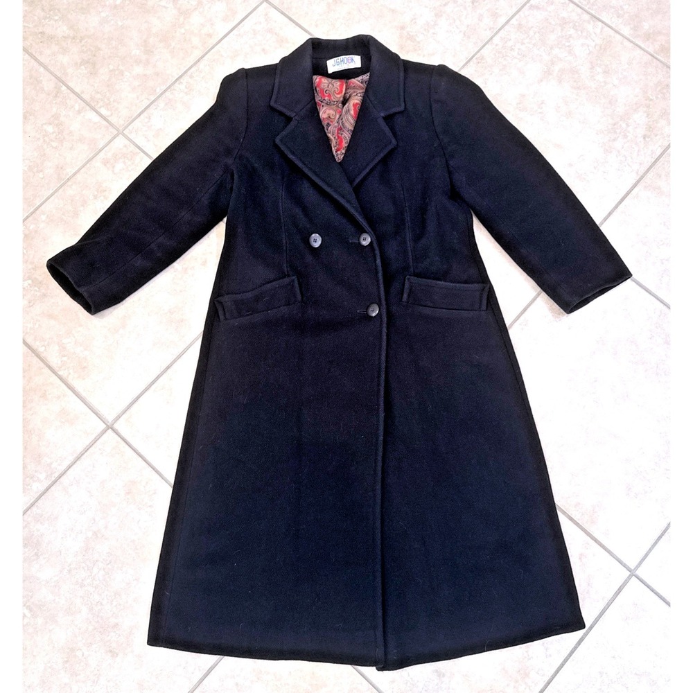 Vintage JG Hook Petite Black 100% Wool Double Breasted Long Overcoat Made in USA